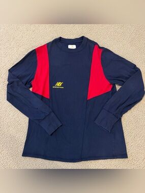 Aime Leon Dore New Balance Navy Crewneck with Yellow Logo Tag and red mesh panel